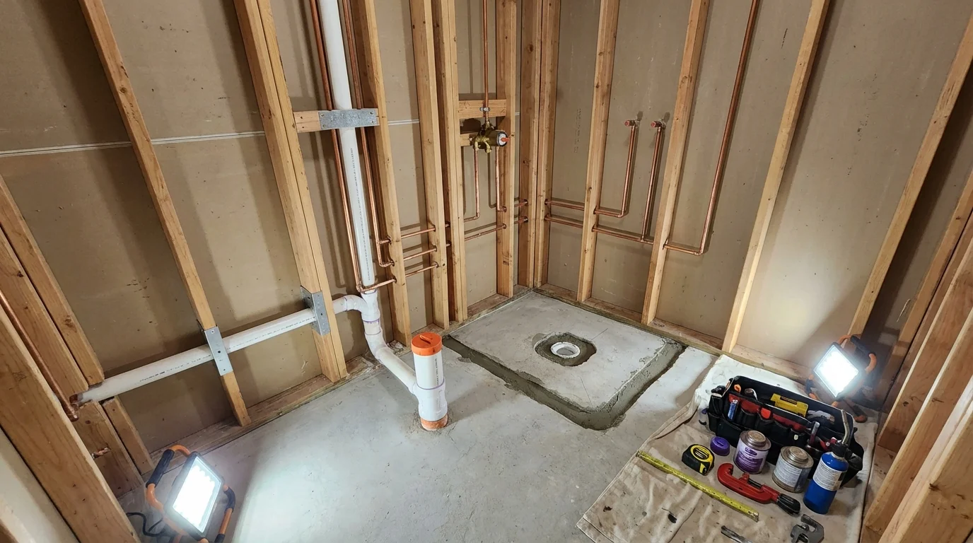 Bathroom rough-in plumbing during remodel by Johns Plumbing LLC in Falkville