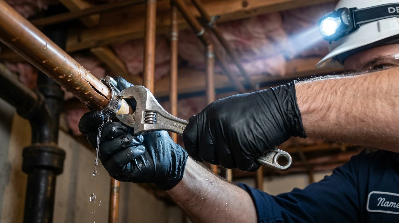 Emergency pipe clamp repair being performed by a Johns Plumbing LLC plumber in Falkville