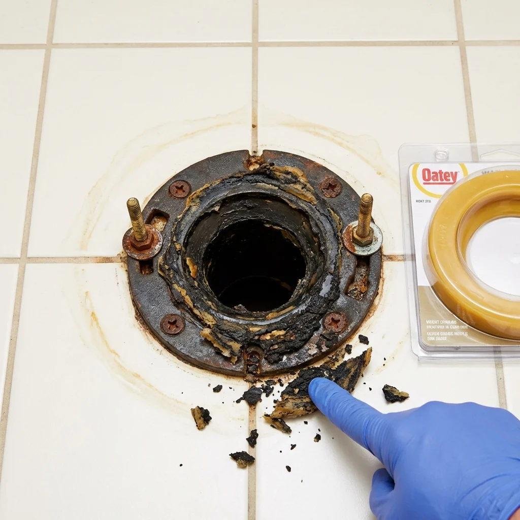 Failed wax ring showing water seepage at the base of a toilet in a Falkville, AL home