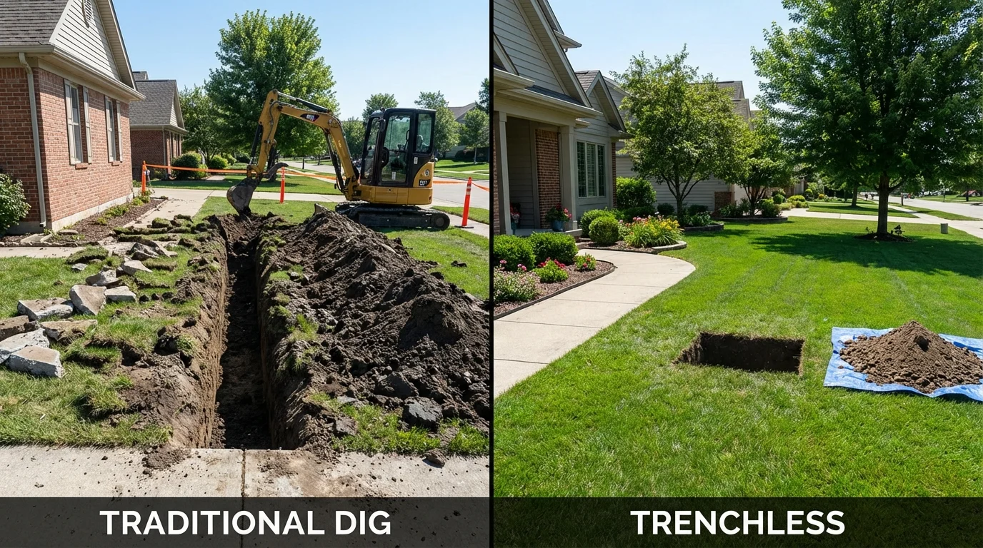 Trenchless sewer repair with minimal yard damage versus traditional excavation in Falkville, AL