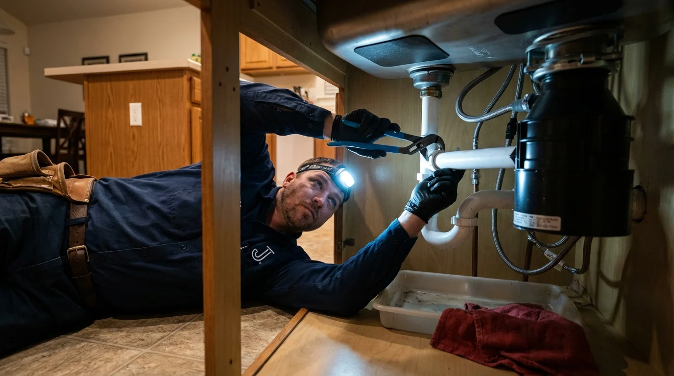 P-trap and supply line connections under a kitchen sink showing a common leak point in Falkville, AL